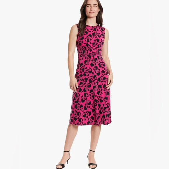 London Times Dresses & Skirts - NWT London Times Women's Sleeveless Midi Fit & Flare Dress Pink Black Floral 6P